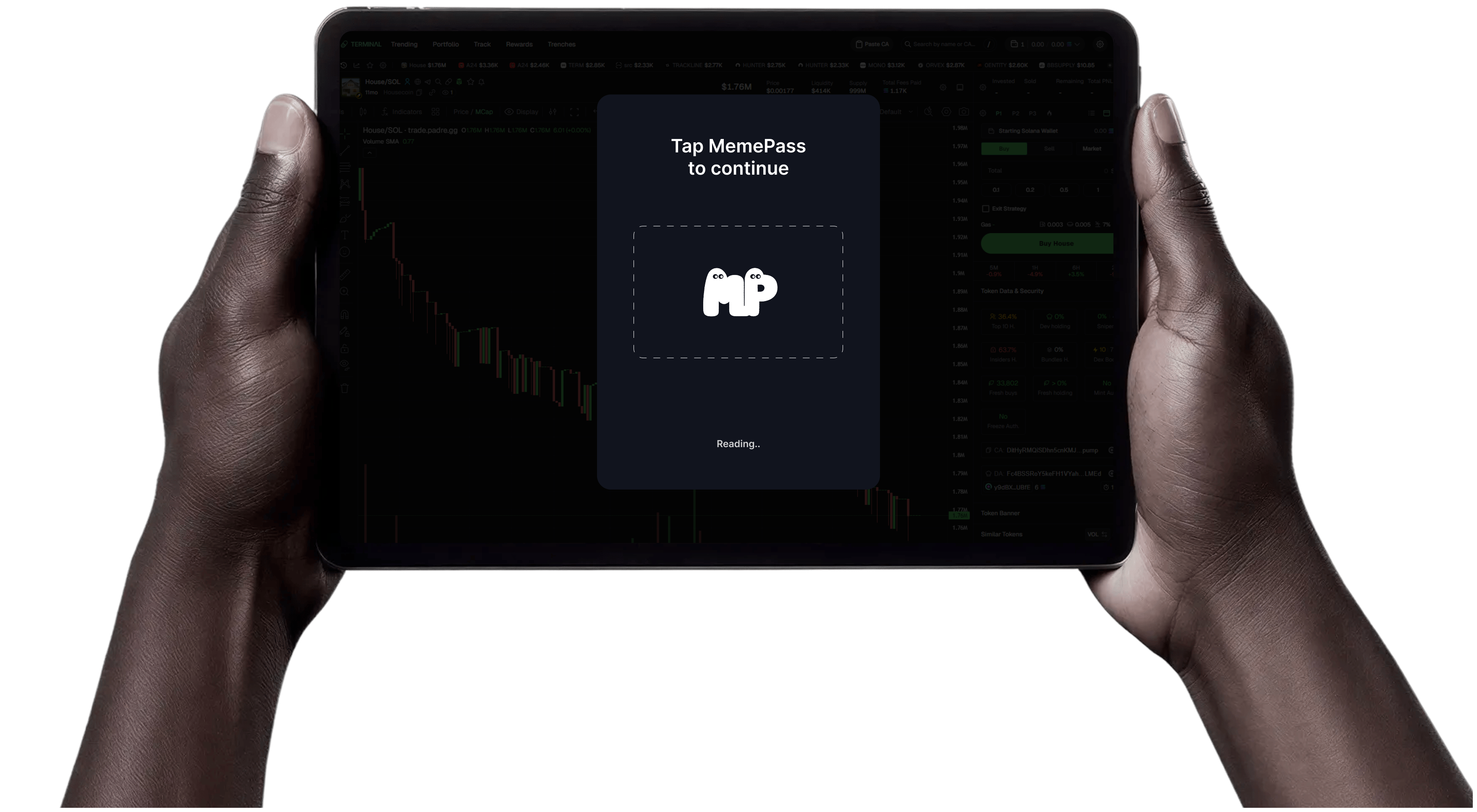 Hands holding iPad showing banking dashboard